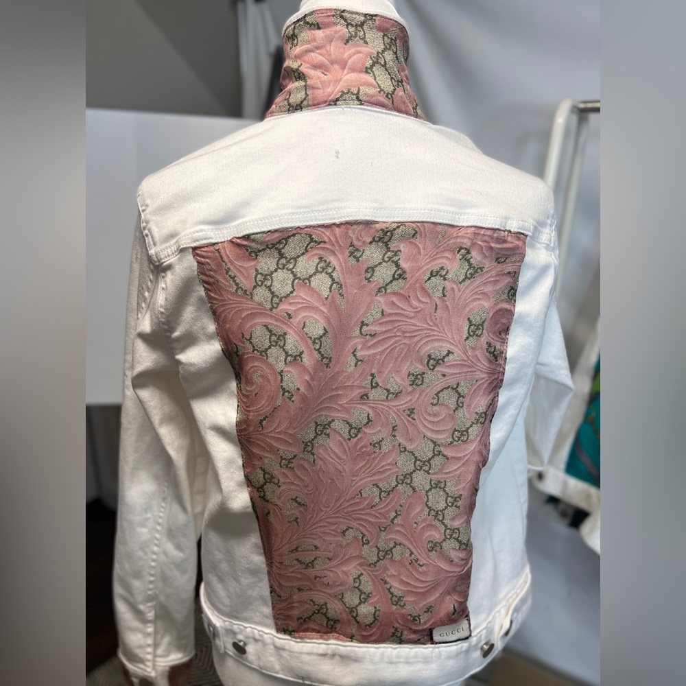 Gucci Monogram Scarf on White Denim Jacket